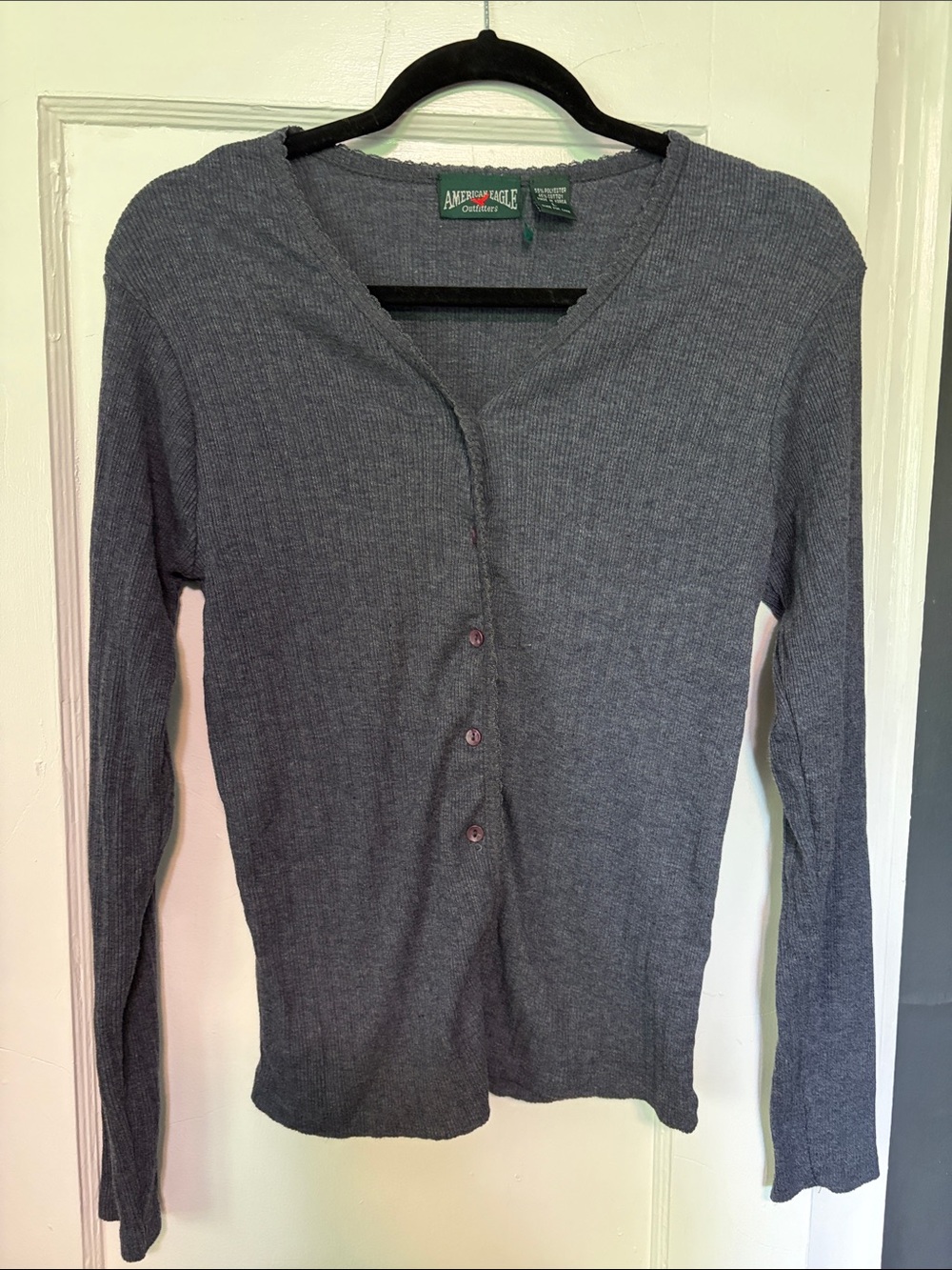 American Eagle Outfitters Charcoal Blue/Gray Ribbed Button-Front Long Sleeve Top